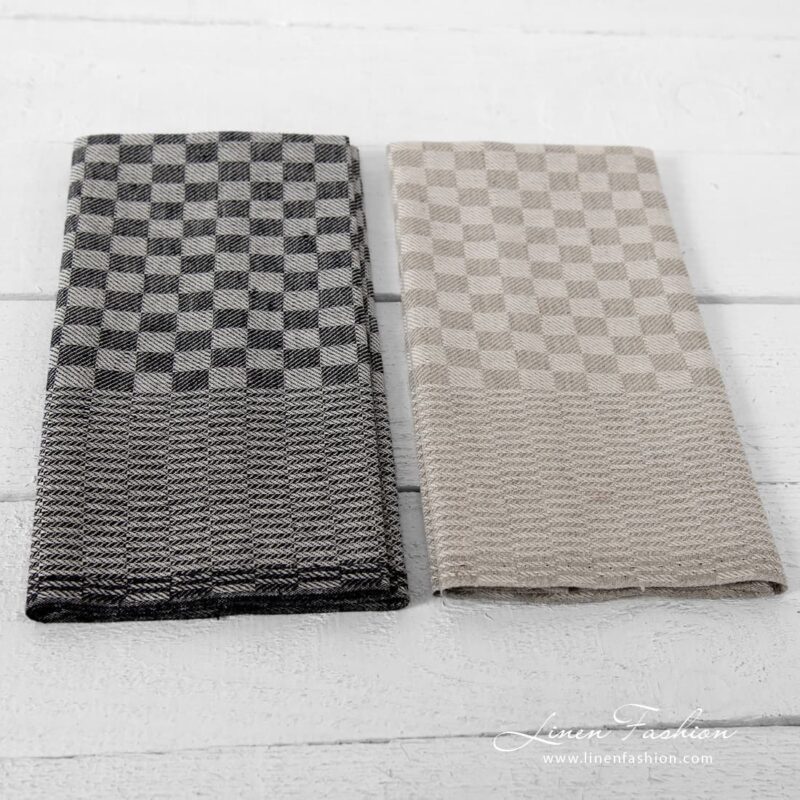 Linen cotton towels in check pattern, black and natural