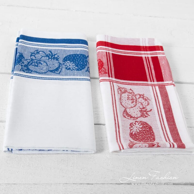 White linen cotton towels with red and blue strawberry pattern