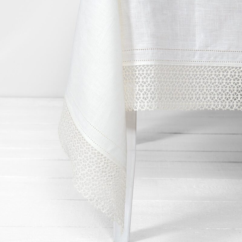 VEILA linen tablecloth white with wide lace and two rows of hemstitch