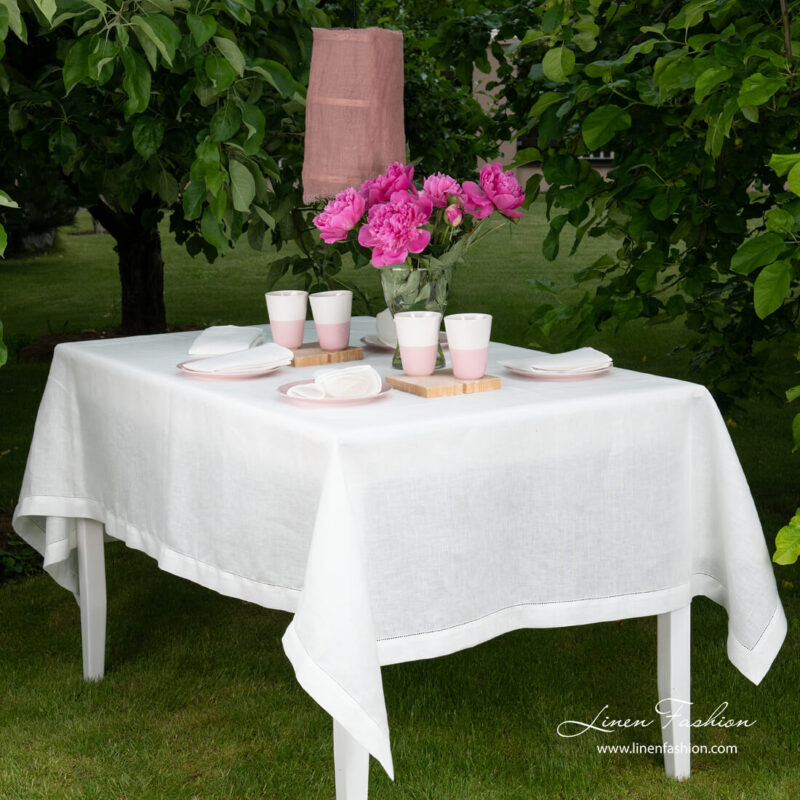 White linen tablecloth with hemstitch
