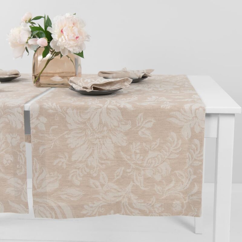 half linen brown floral runner, 4cm. border