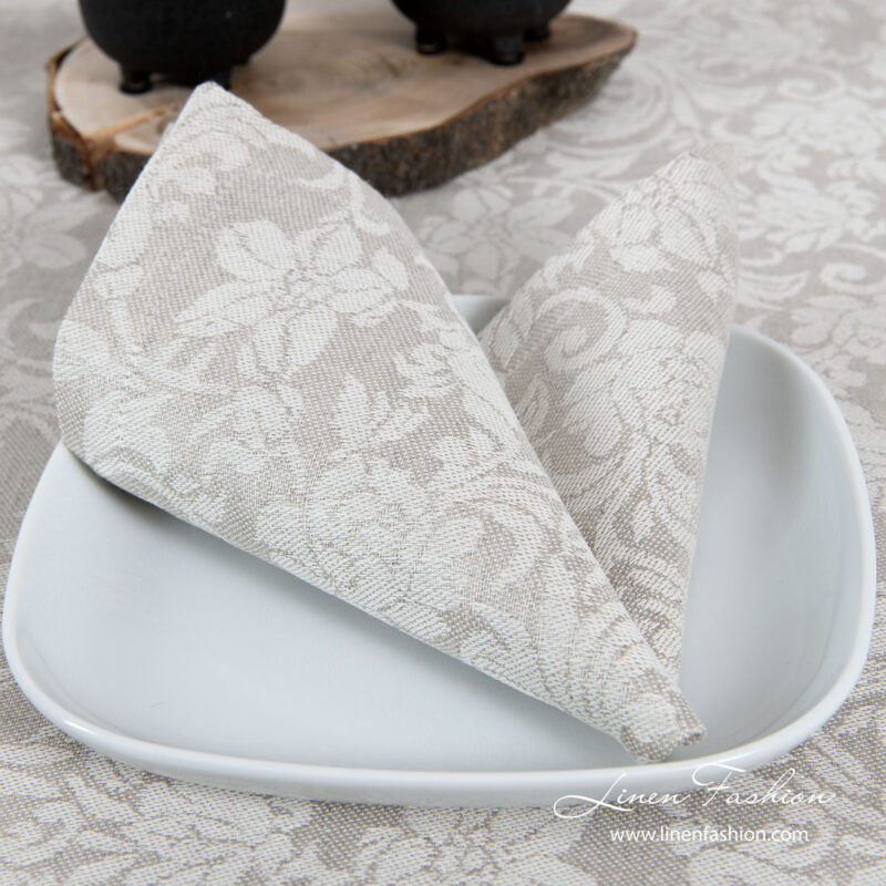 Grey linen napkin with flower ornaments