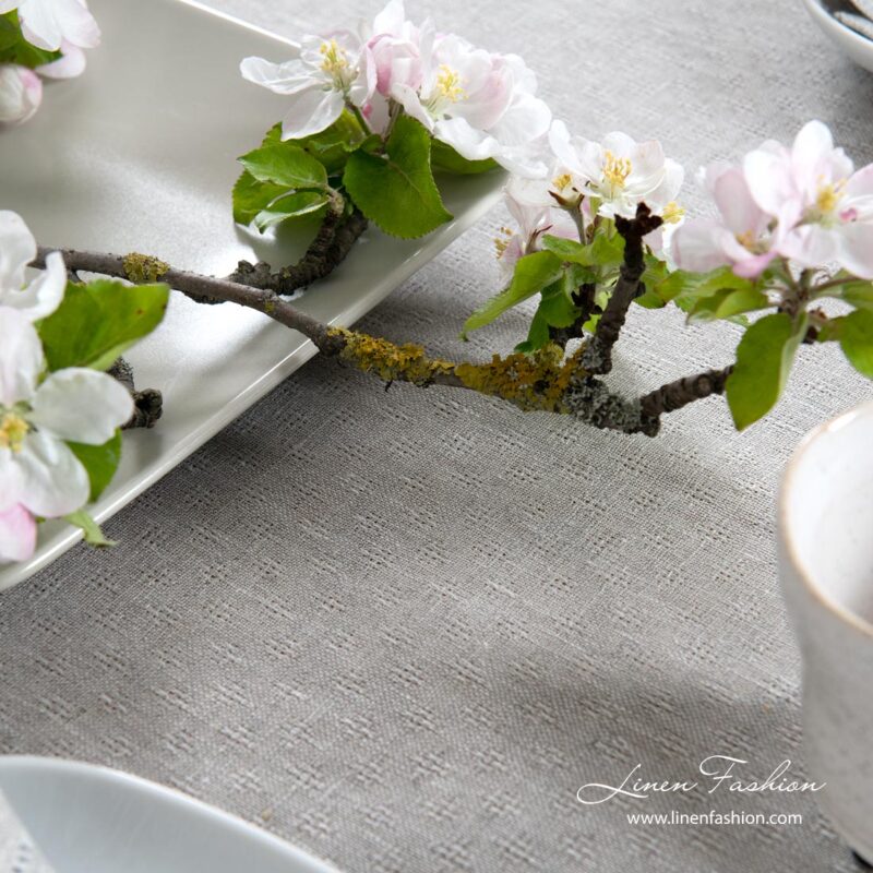 Light grey patterned linen tablecloth with hemstitch | Linen Fashion