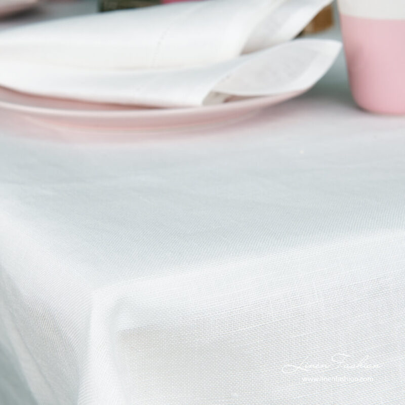 White plain hemstitched linen tablecloth
