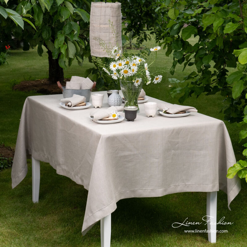 Grey linen tablecloth with hemstitch