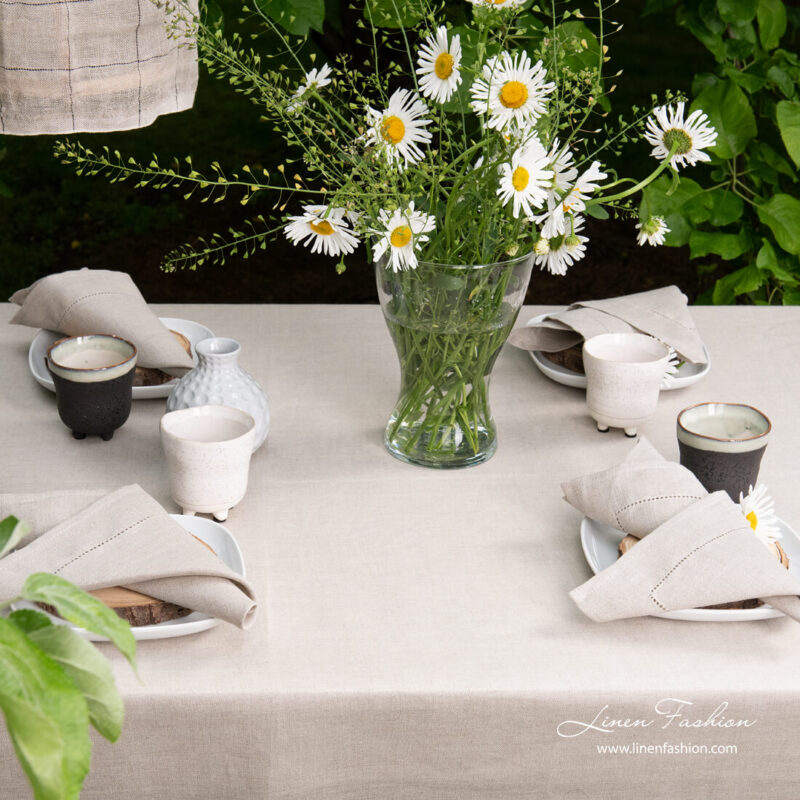 Natural grey linen tablecloth with hemstitch and napkins