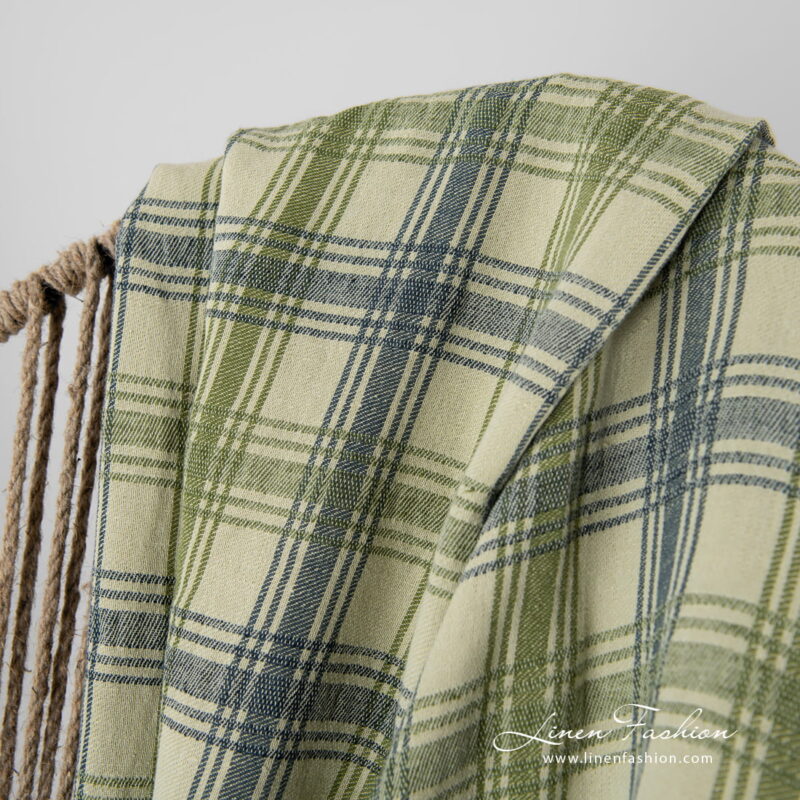 Linen cotton green checked blanket twill weave.