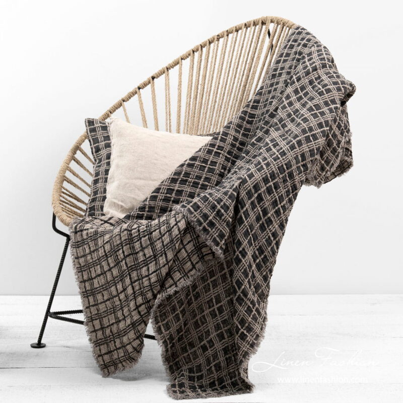 Linen double sided grey grid check blanket