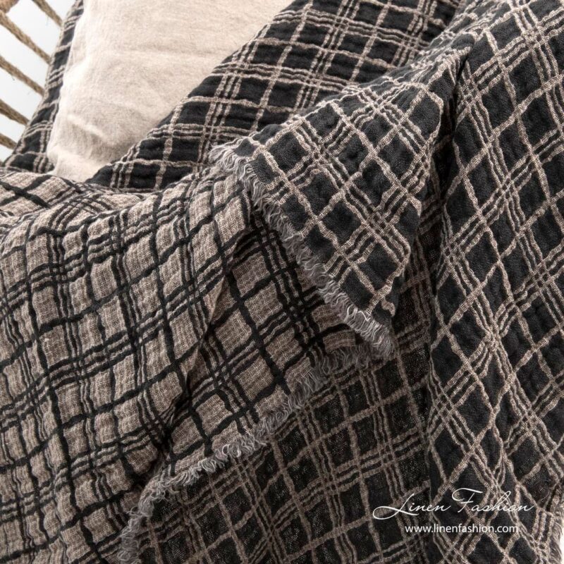 Grey checked linen blanket, reversible sides