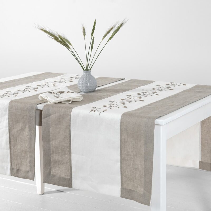 Natural linen table runner with white middle