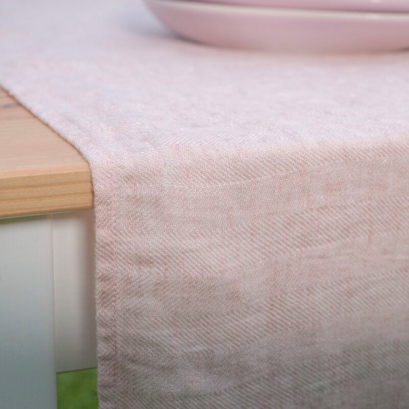 Pink linen table runner, herringbone pattern
