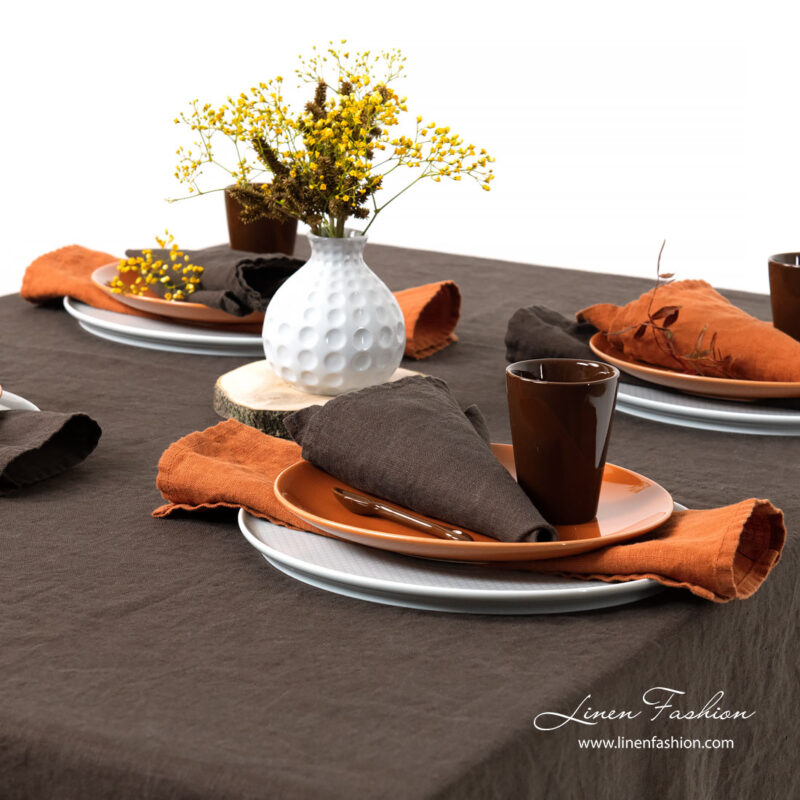 Dark brown linen napkin and tablecloth, washed