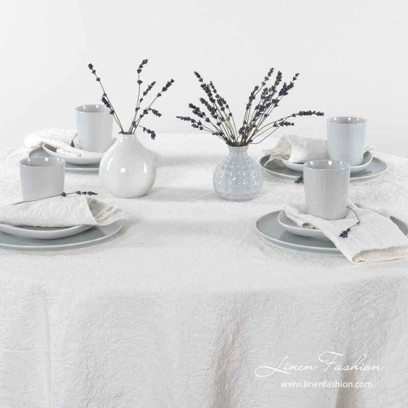 Washed off white linen cotton round tablecloth and napkins