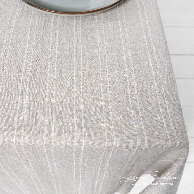 URBAN grey linen tablecloth in narrow white stripes