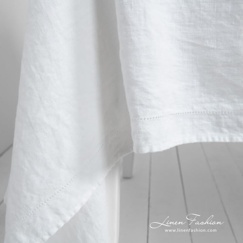 NARA white linen tablecloth in simple hem with hemstitch 4cm from border