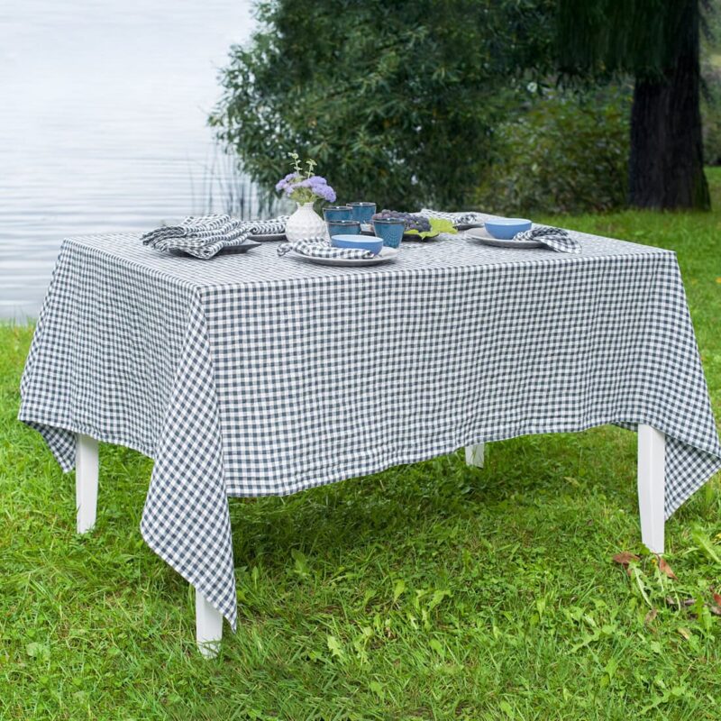 Checked blue linen tablecloth