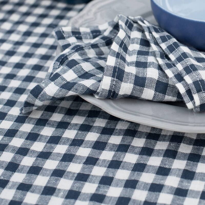 Checked blue linen tablecloth, washed fabric