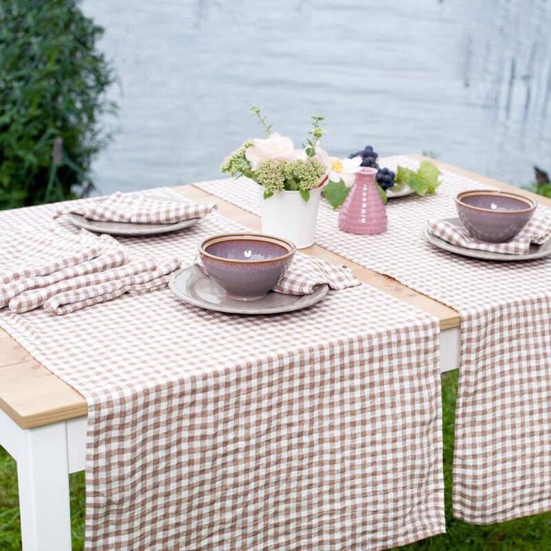Checked brown linen table runner