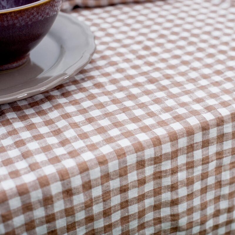 Checked brown linen table runner, washed fabric
