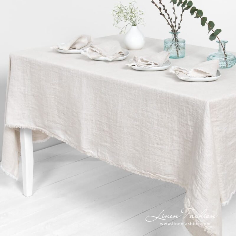 MANTIS light grey linen tablecloth with loose fringes