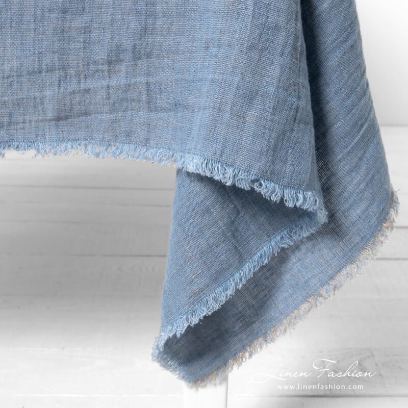 MANTIS greyish blue linen tablecloth with loose fringes