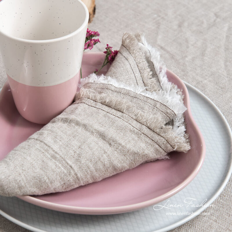 Washed linen light grey fringed napkins