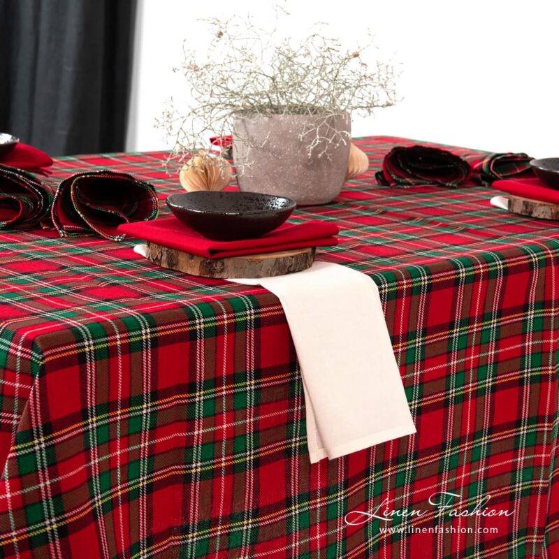 Scarlet red checked tablecloth.