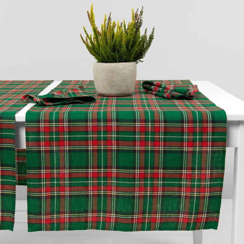 Linen cotton checked green table runner