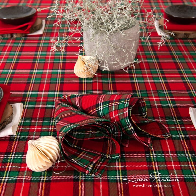 Checked scarlet napkin.