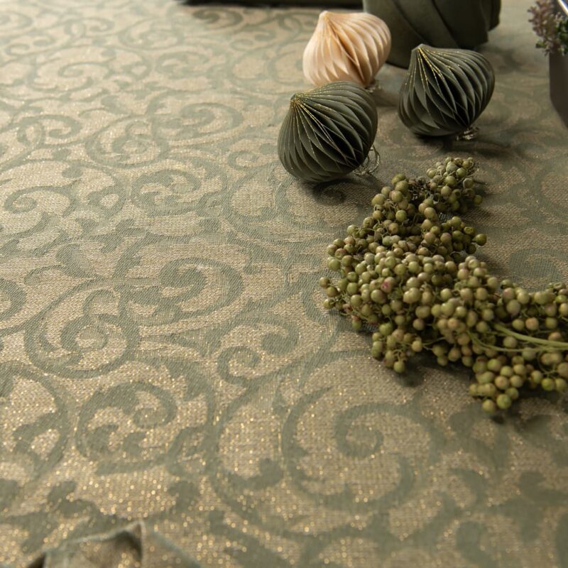 linen cotton olive jacquard tablecloth for festive period.