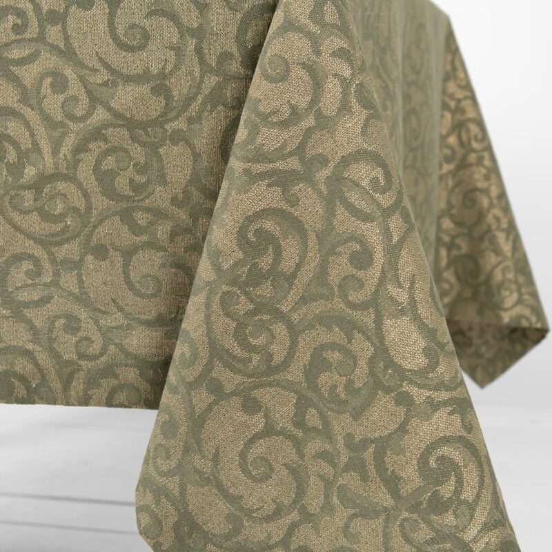 linen cotton olive jacquard tablecloth, with folded borders.