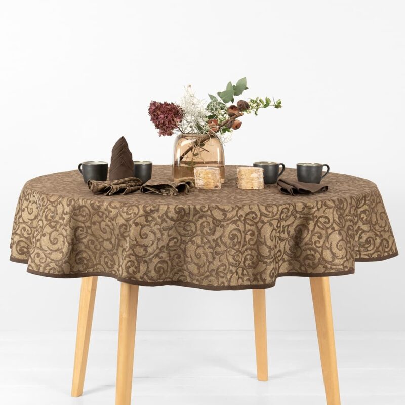 round linen cotton brown jacquard tablecloth