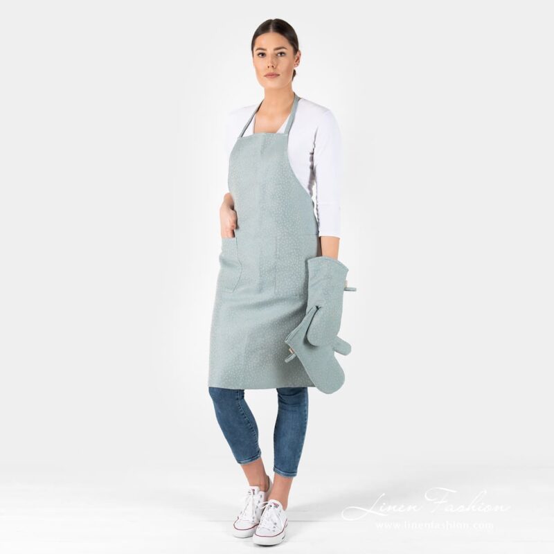 CANDY blueish green linen cotton apron with matching kitchen gloves