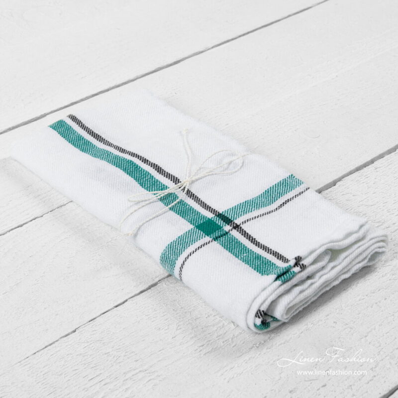 Washed white kitchen towel, green checks