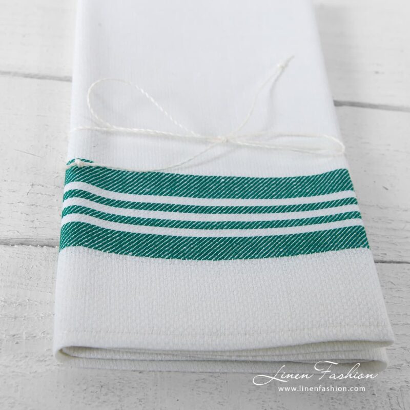White linen cotton towel with green stripes