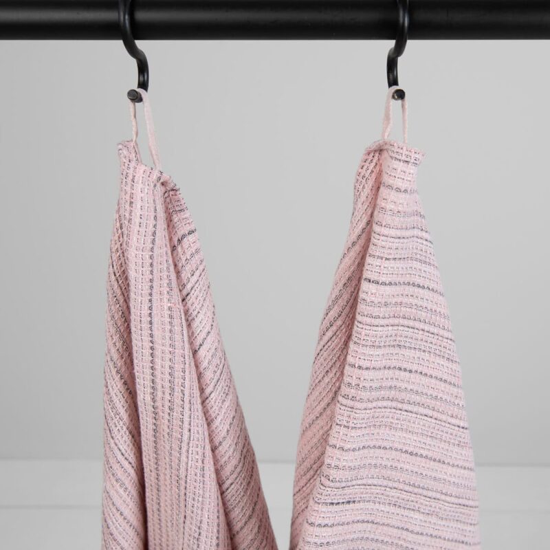 Linen pink striped waffle bath towels, with hanging loops