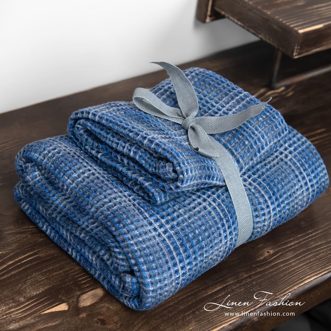 Set of blue linen cotton bath towels