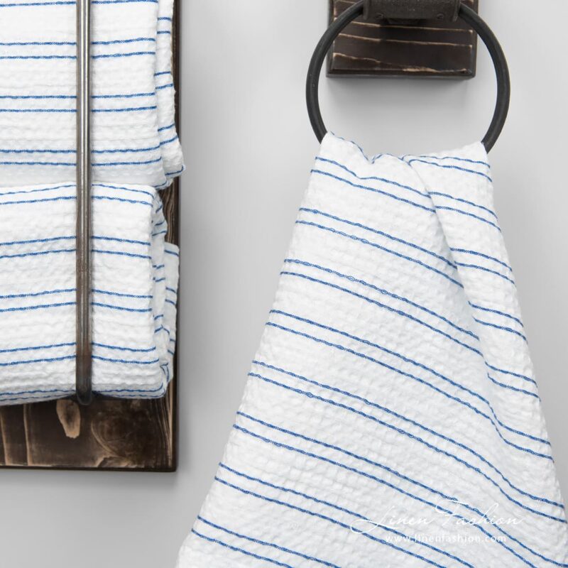 White cotton hemp bath towel with blue stripes