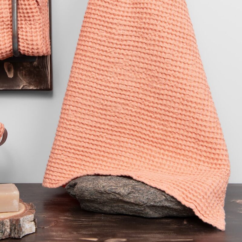 linen cotton bath towel peach, waffle.