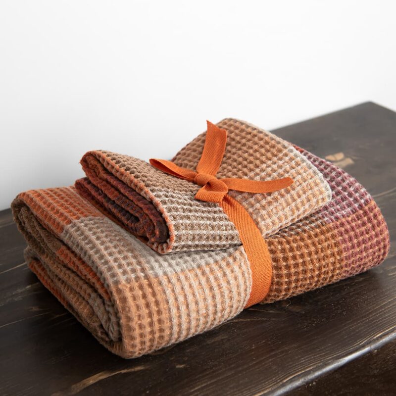 Brown checked linen cotton bath towels set tied with ribbon