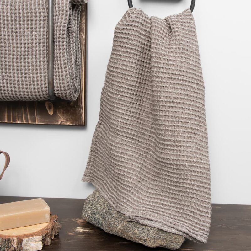 grey brown linen bath towel, washed, waffle