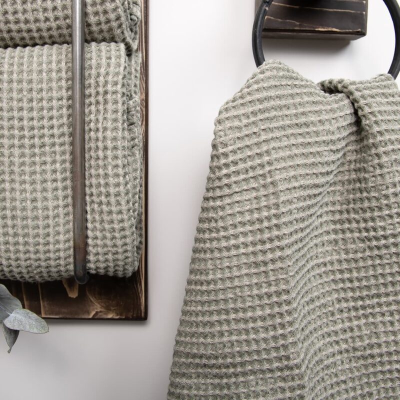 linen grey green bath towel, waffle structure