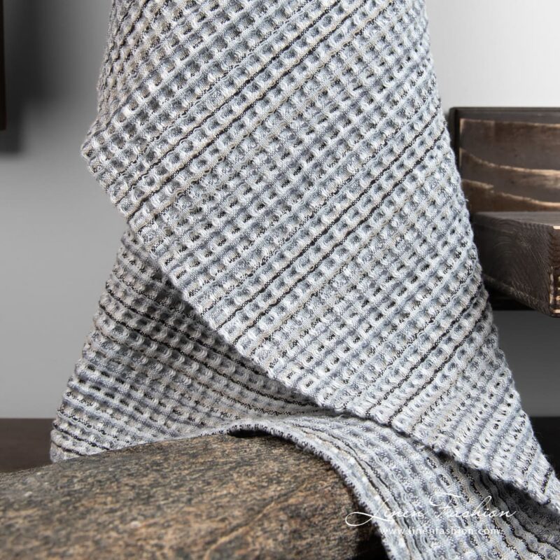 Linen gray bathroom towel with black stripes