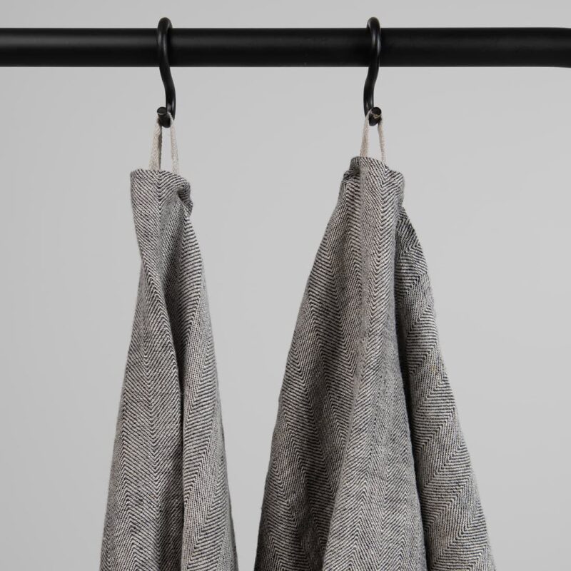 Grey linen herringbone bath towel, with hanging loops
