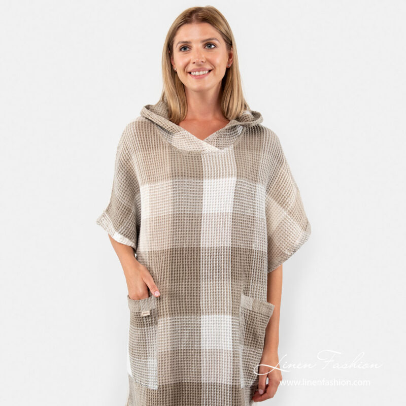 Poncho towel sewn from waffle pattern linen cotton fabric