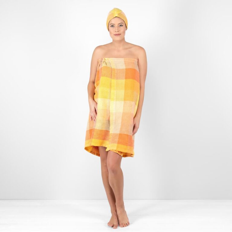 orange linen wrap towel, waffle structure.