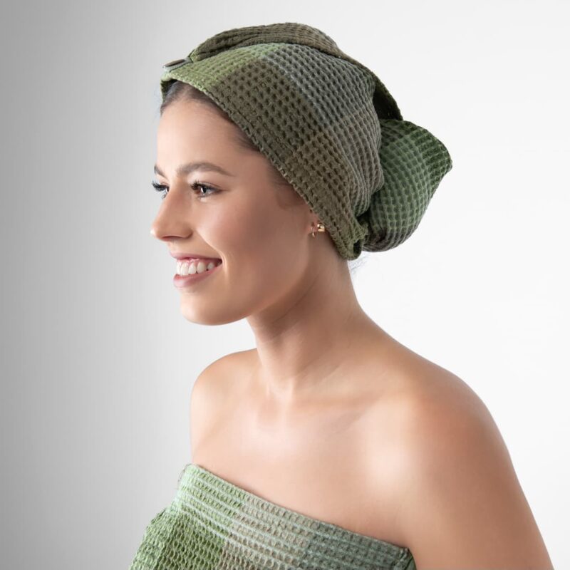 green hair wrap linen towel, bingo.