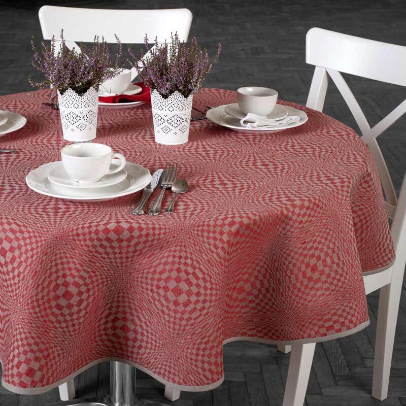 Red and natural check oval linen cotton tablecloth