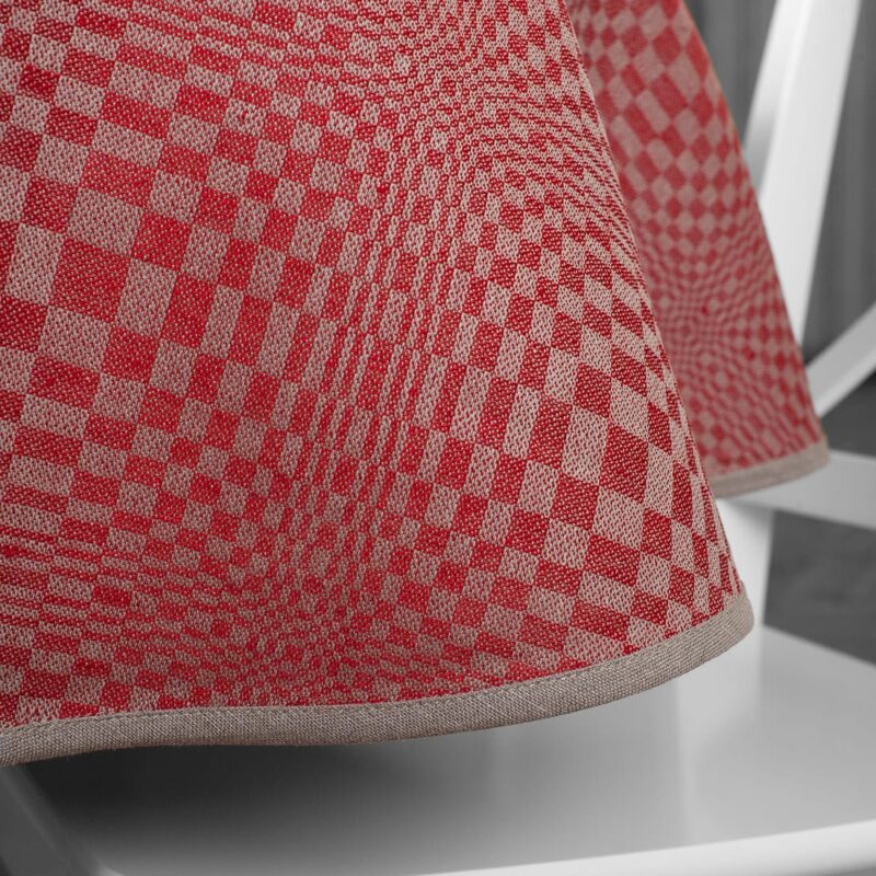 Red and natural check oval linen cotton tablecloth, piping hem