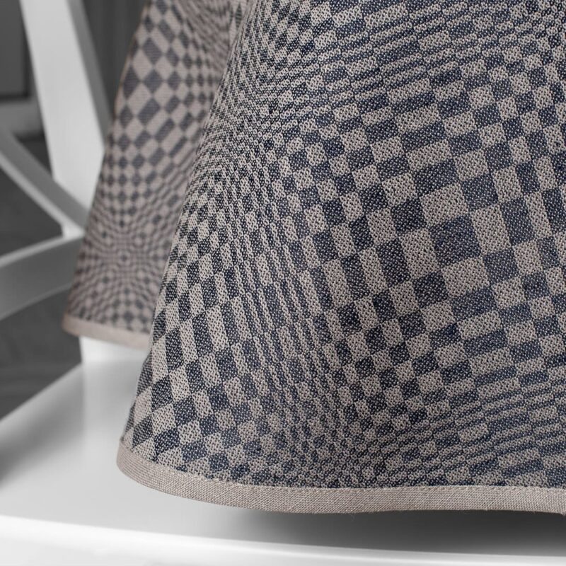 Dark blue and natural check oval linen cotton tablecloth, piping hem